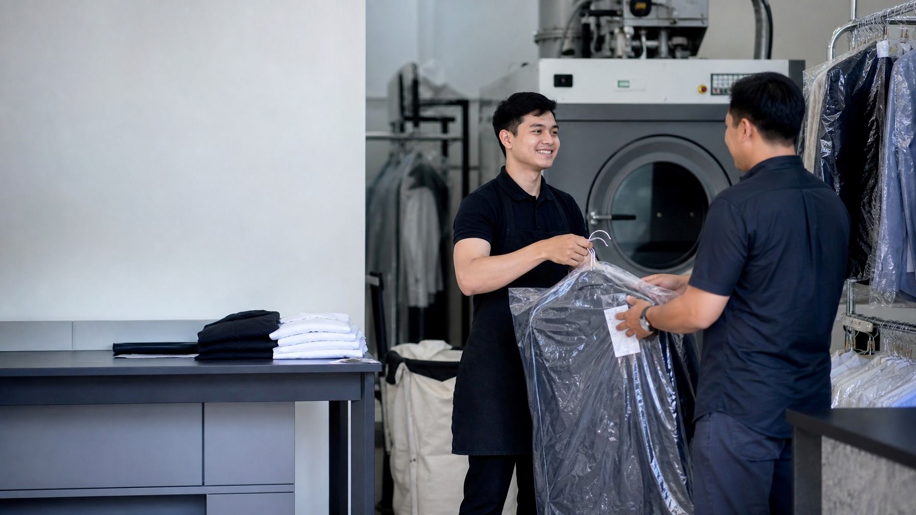 Dry-cleaned formal garments on hangers at June Laundry, ready for partner shop collection.